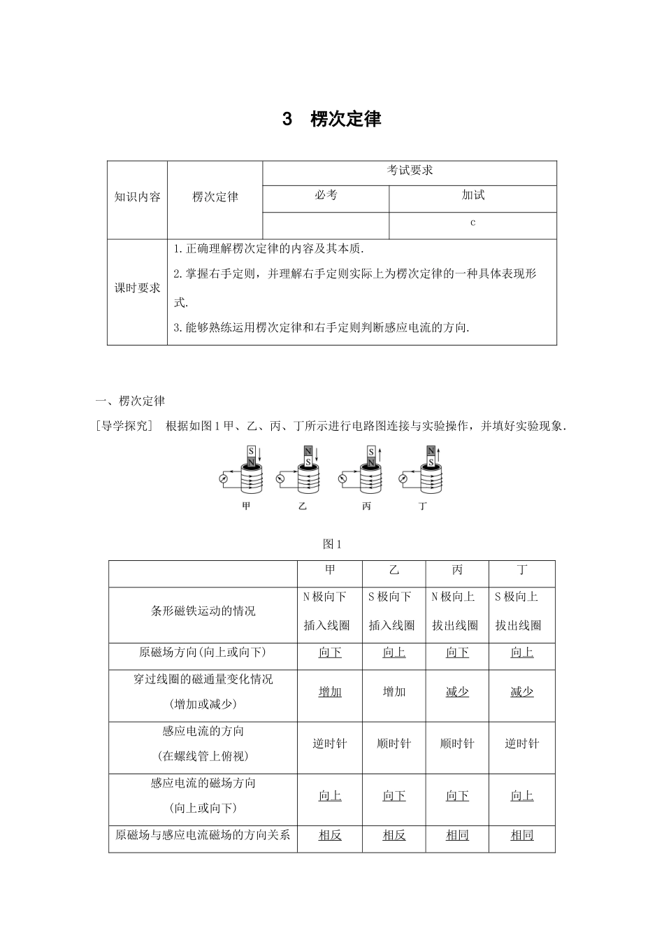 高中物理 第四章 电磁感应 第3讲 楞次定律教学案 新人教版选修3-2-新人教版高二选修3-2物理教学案_第1页