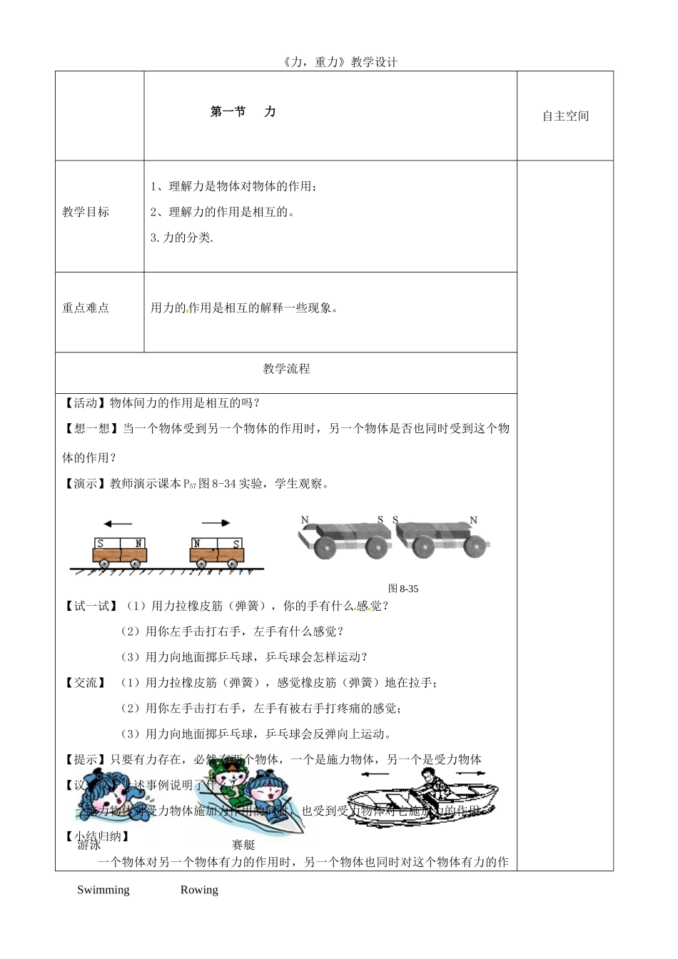 高中物理《力，重力》教学设计-人教版高中全册物理教案_第1页