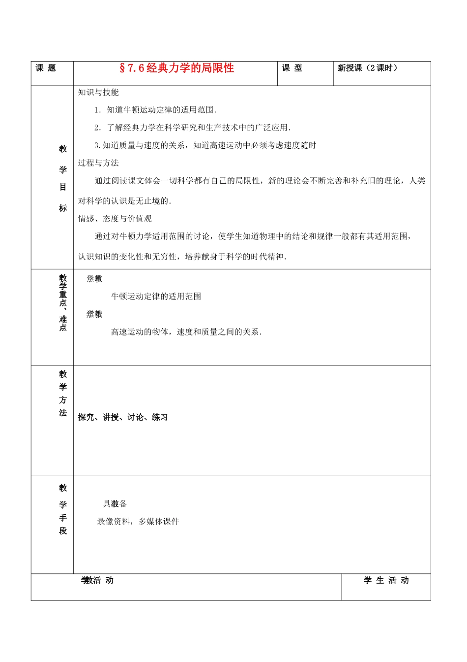 高中物理《经典力学的局限性》教案3 新人教版必修2_第1页