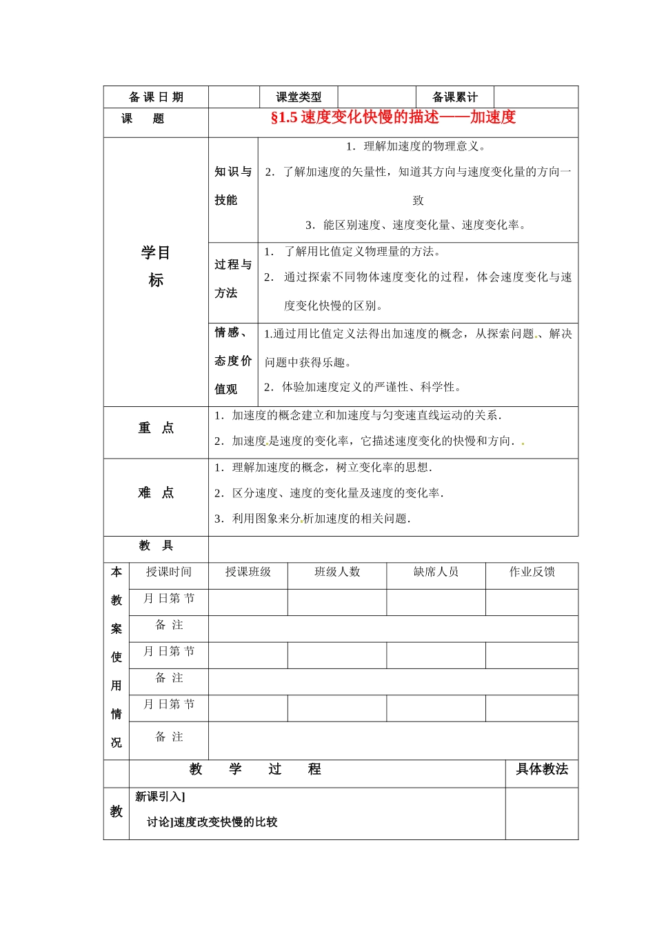 高中物理 速度变化快慢的描述—加速度教案 新人教版必修1_第1页