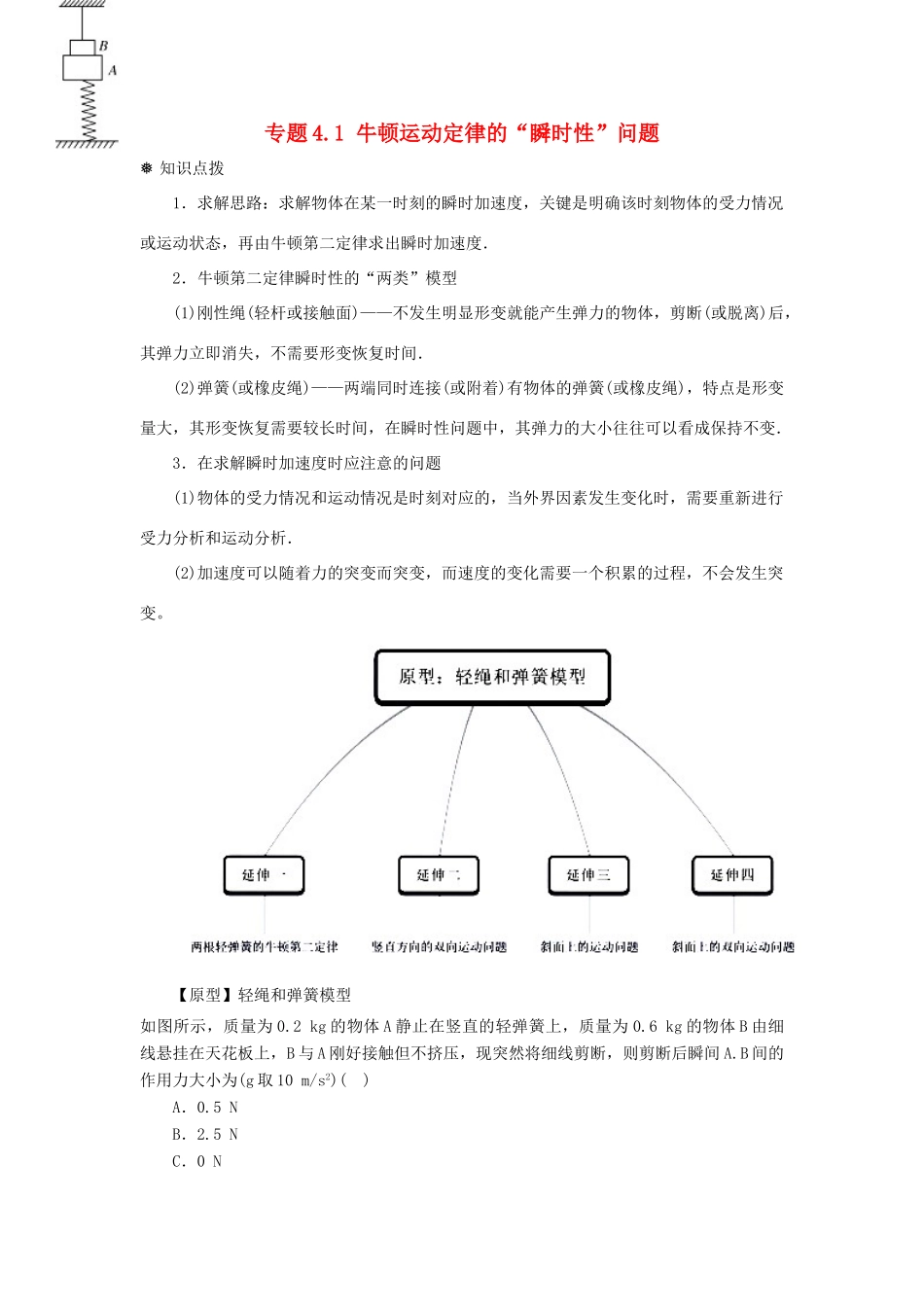 高中物理 问题原型与延伸 专题4.1 牛顿运动定律的“瞬时性”问题学案 新人教版必修1-新人教版高一必修1物理学案_第1页