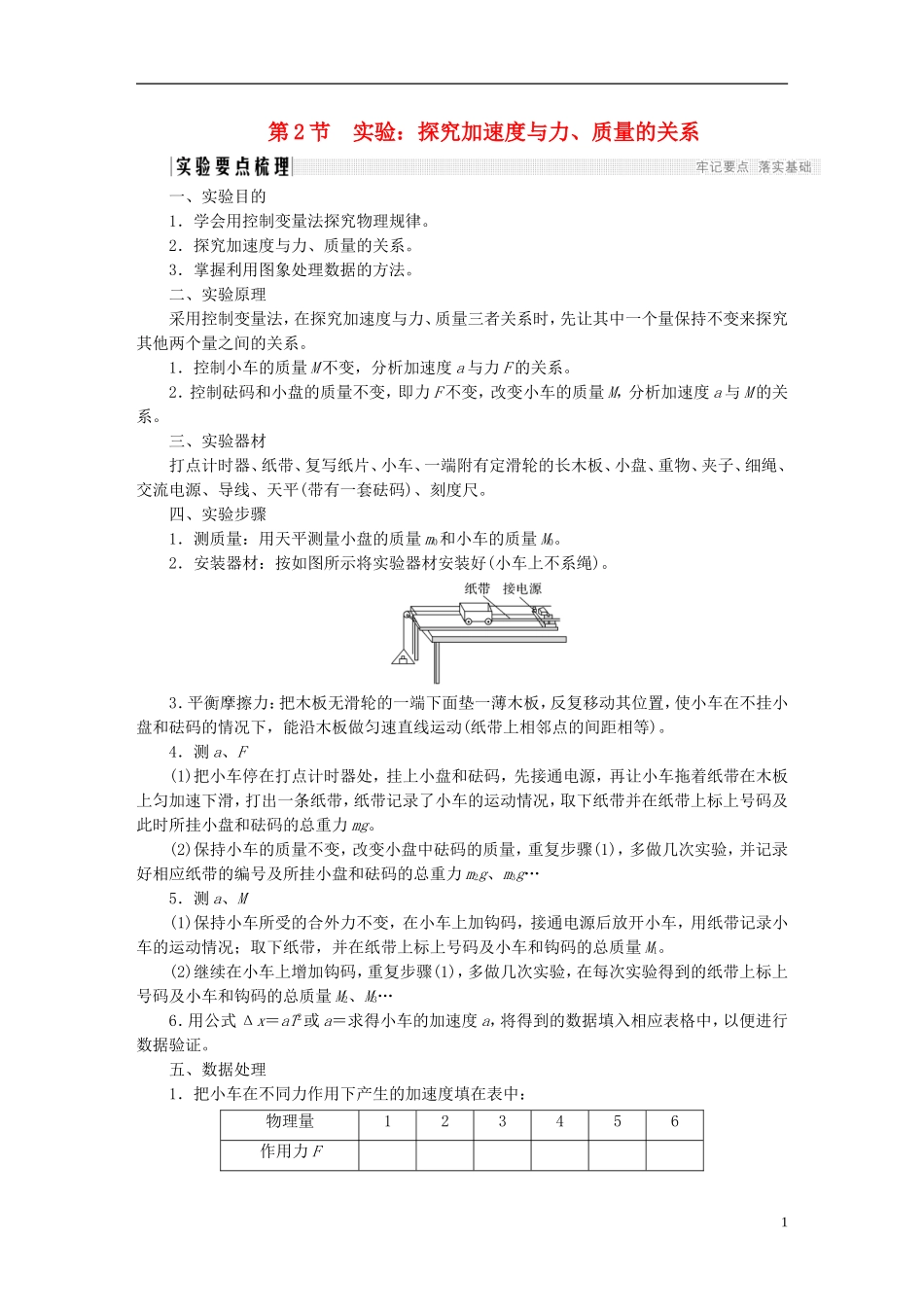 高中物理 第四章 牛顿运动定律 4.2 实验：探究加速度与力、质量的关系学案 新人教版必修1-新人教版高一必修1物理学案_第1页