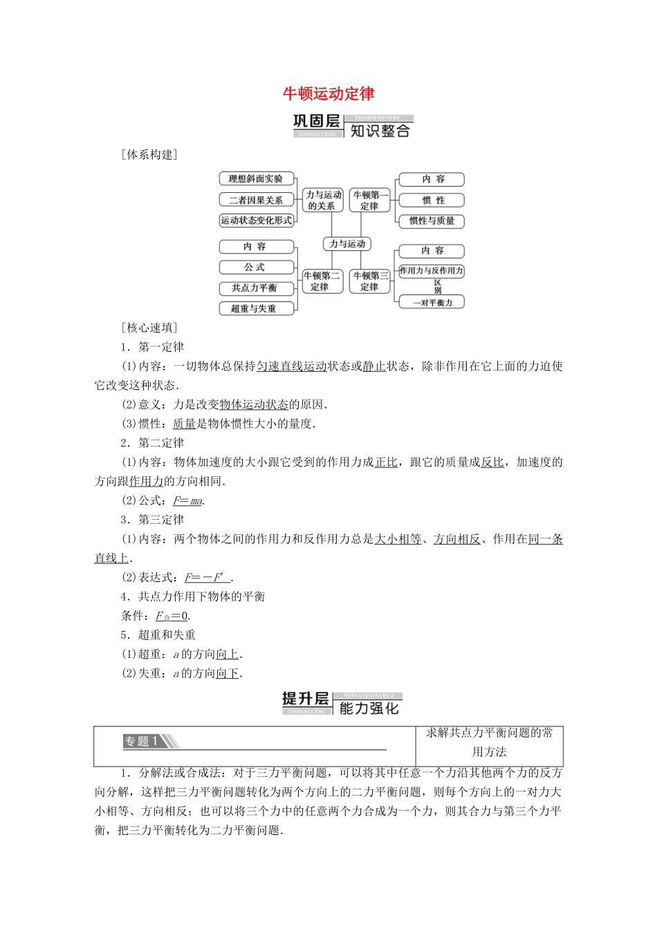 高中物理 第四章 牛顿运动定律 章末综合提升学案 新人教版必修1-新人教版高中必修1物理学案_第1页