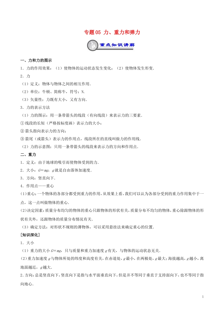 高中物理 重难点复习一本通 专题05 力、重力和弹力重、难点通关学案 新人教版必修1-新人教版高一必修1物理学案_第1页