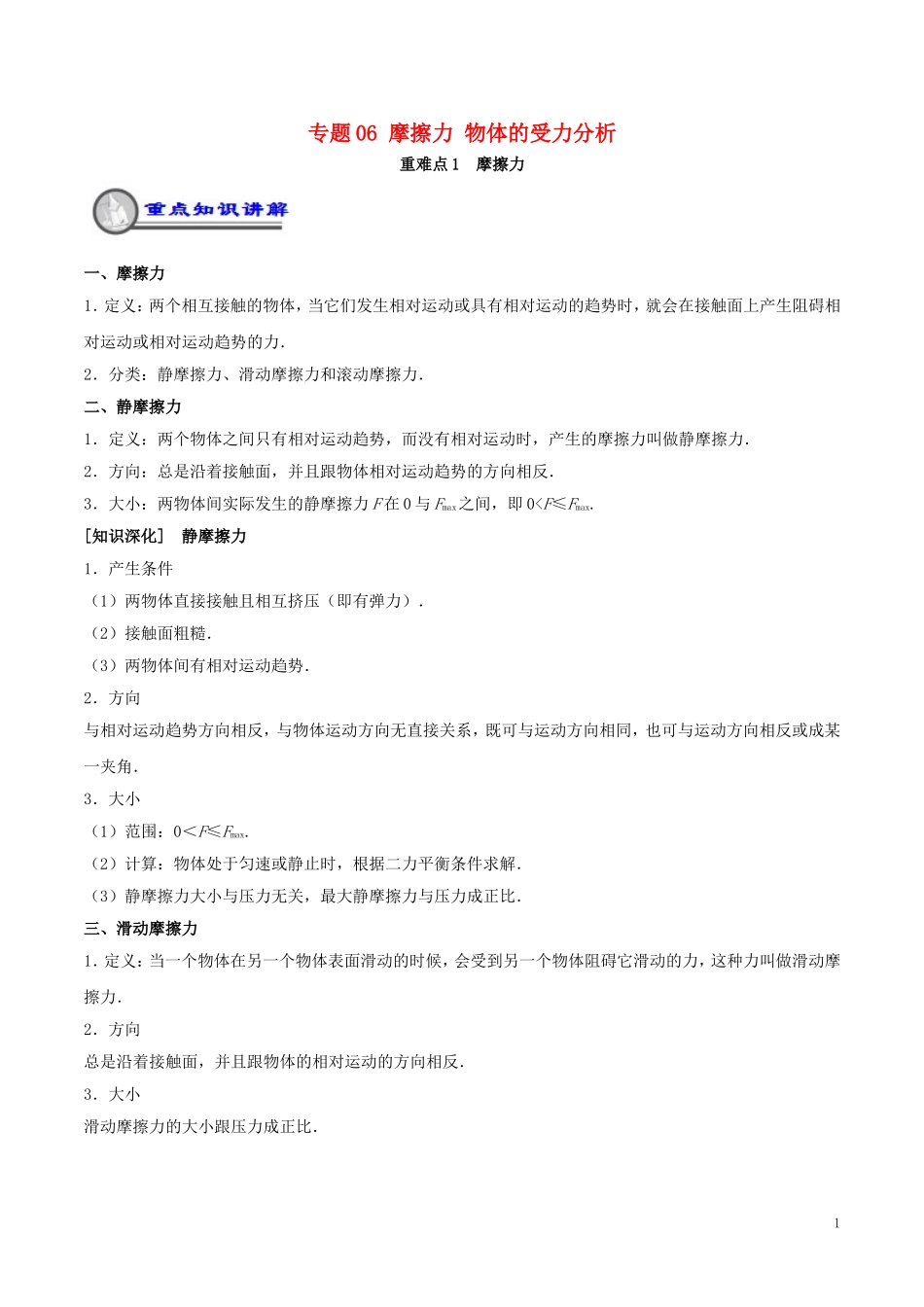 高中物理 重难点复习一本通 专题06 摩擦力 物体的受力分析重、难点通关学案 新人教版必修1-新人教版高一必修1物理学案_第1页