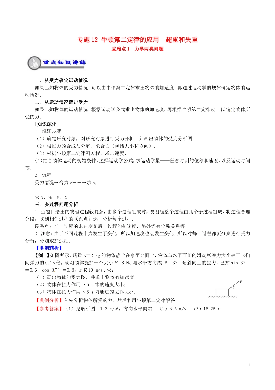高中物理 重难点复习一本通 专题12 牛顿第二定律的应用  超重和失重重、难点通关学案 新人教版必修1-新人教版高一必修1物理学案_第1页