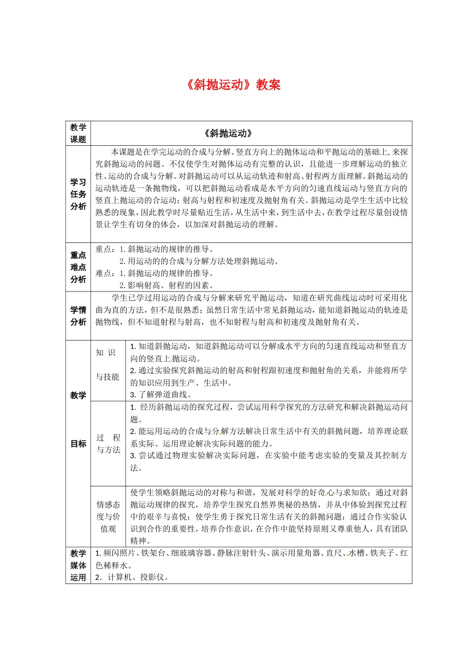 高中物理1.4斜抛运动（教案）教科版 必修2_第1页