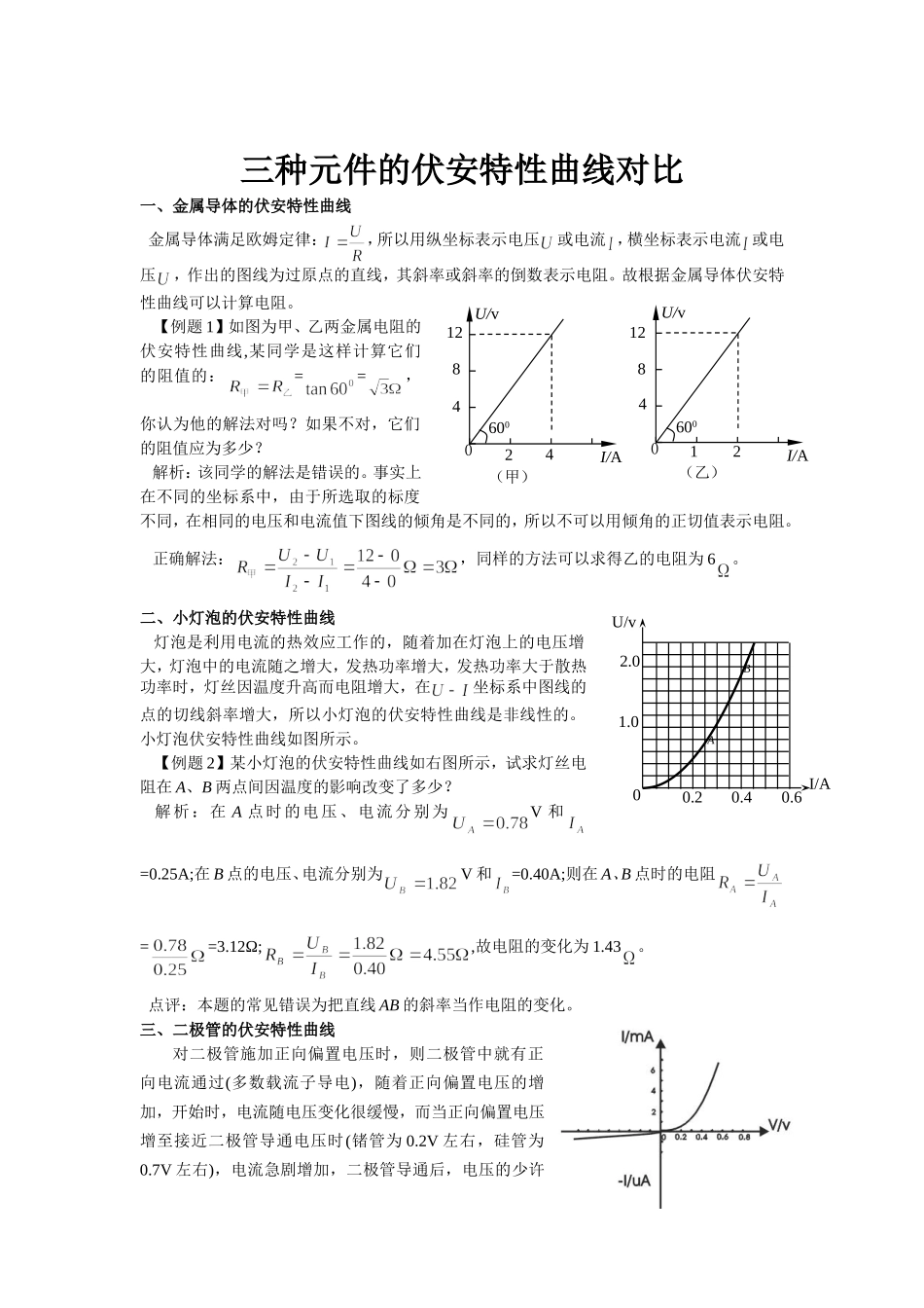 高中物理三种元件的伏安特性曲线对比分析人教版选修3_第1页