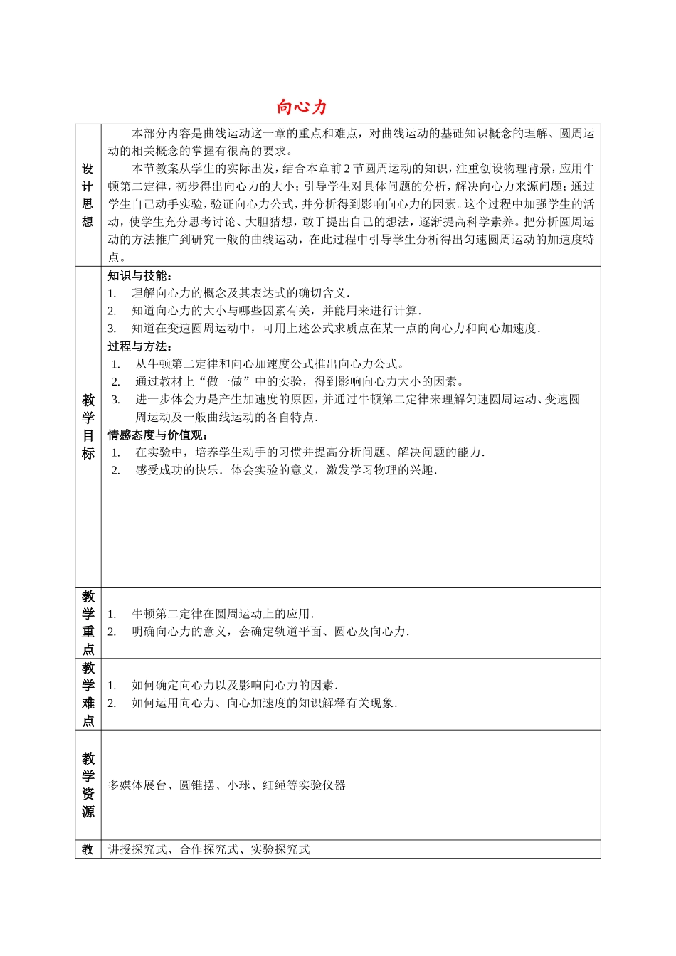 高中物理6.5　向心力　　教案人教版必修2_第1页