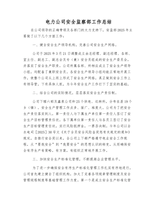电力公司安全监察部工作总结