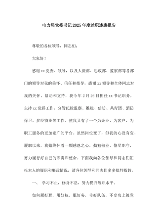 电力局党委书记2025年度述职述廉报告