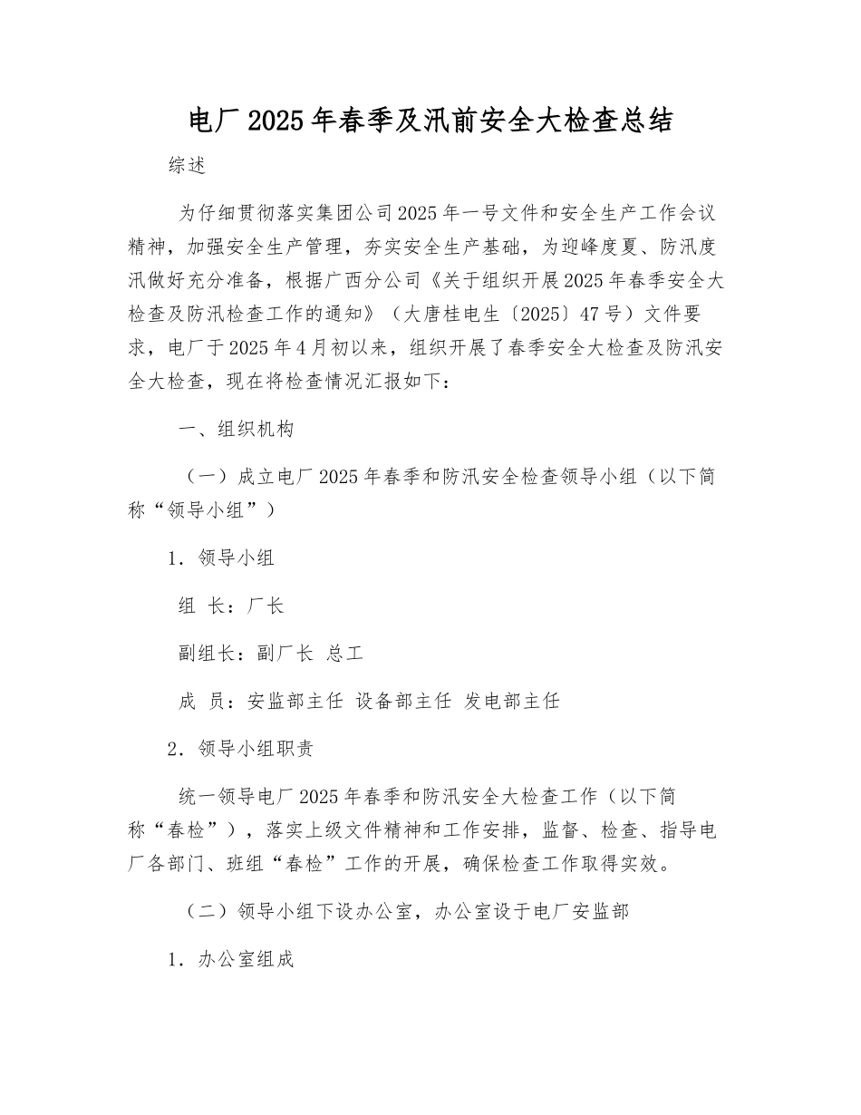 电厂2025年春季及汛前安全大检查总结_第1页