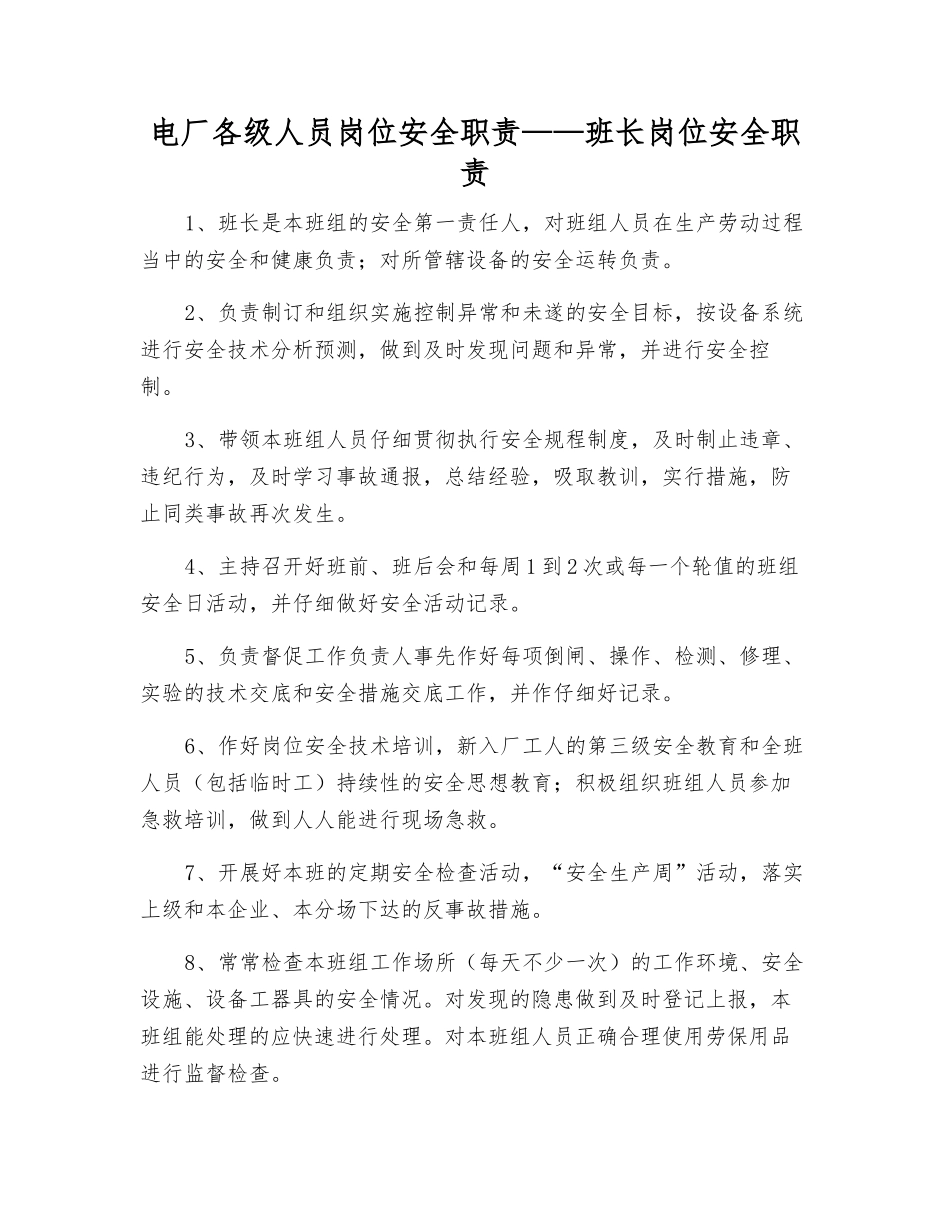 电厂各级人员岗位安全职责——班长岗位安全职责_第1页