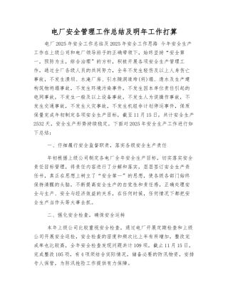 电厂安全管理工作总结及明年工作打算