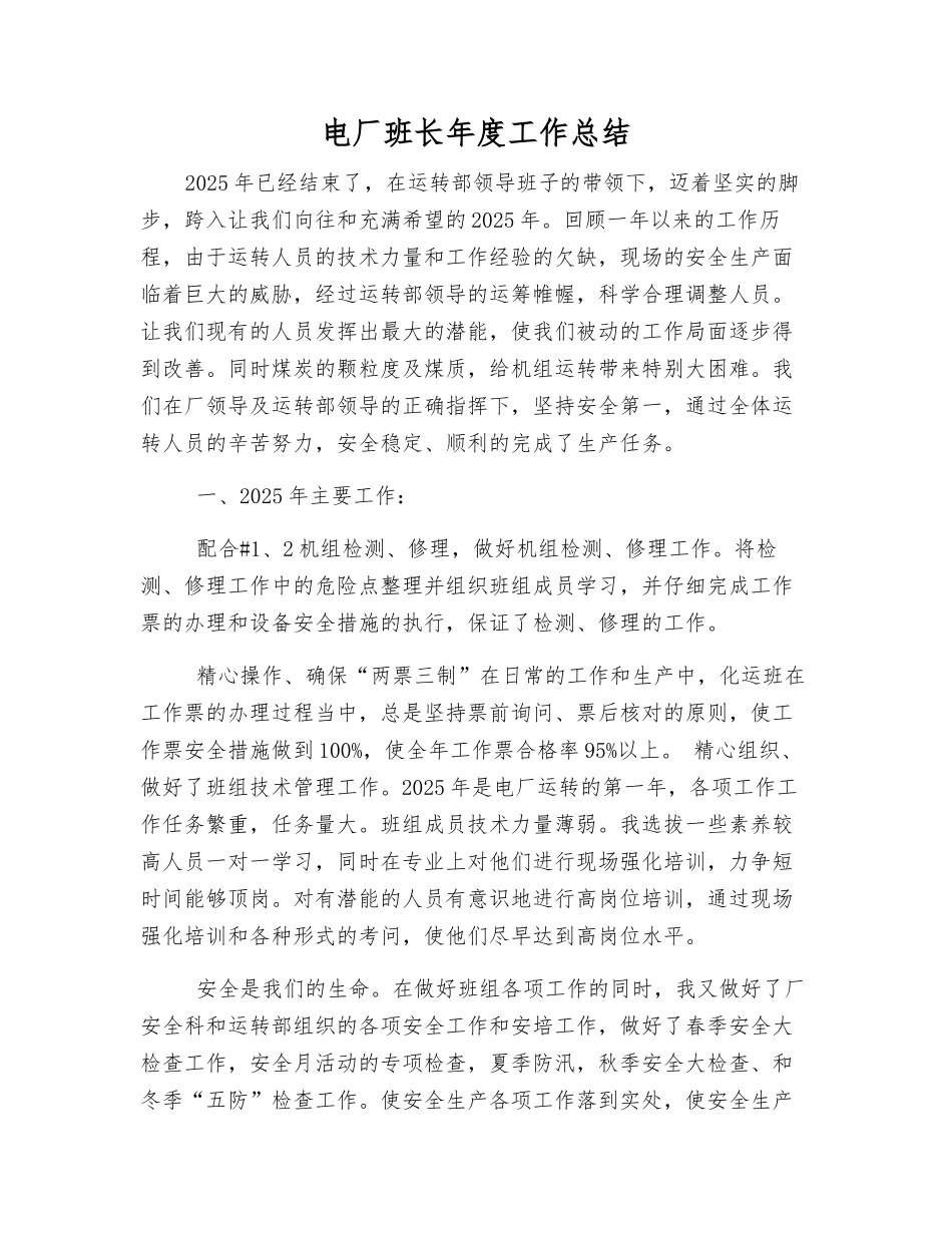 电厂班长年度工作总结_第1页