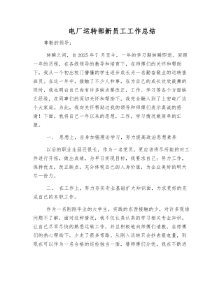 电厂运行部新员工工作总结