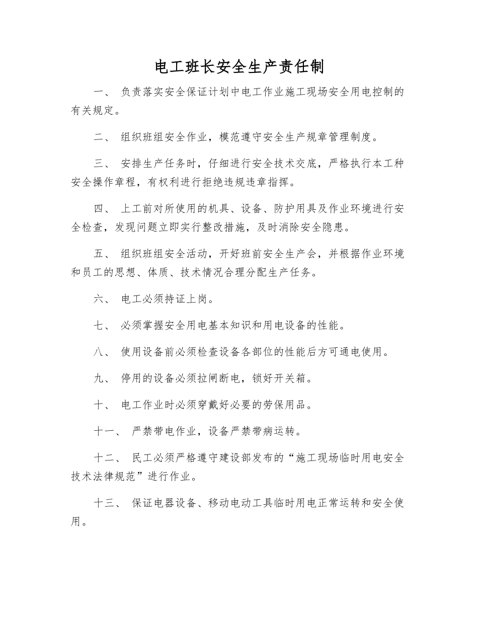 电工班长安全生产责任制_第1页