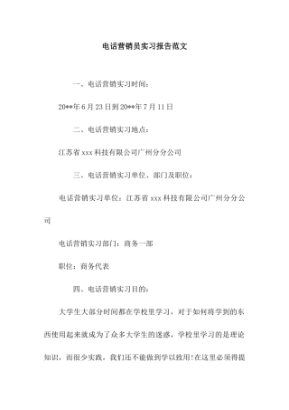 电话营销员实习报告范文
