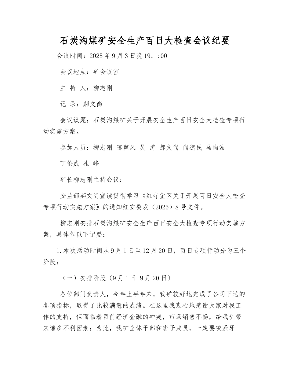 石炭沟煤矿安全生产百日大检查会议纪要_第1页