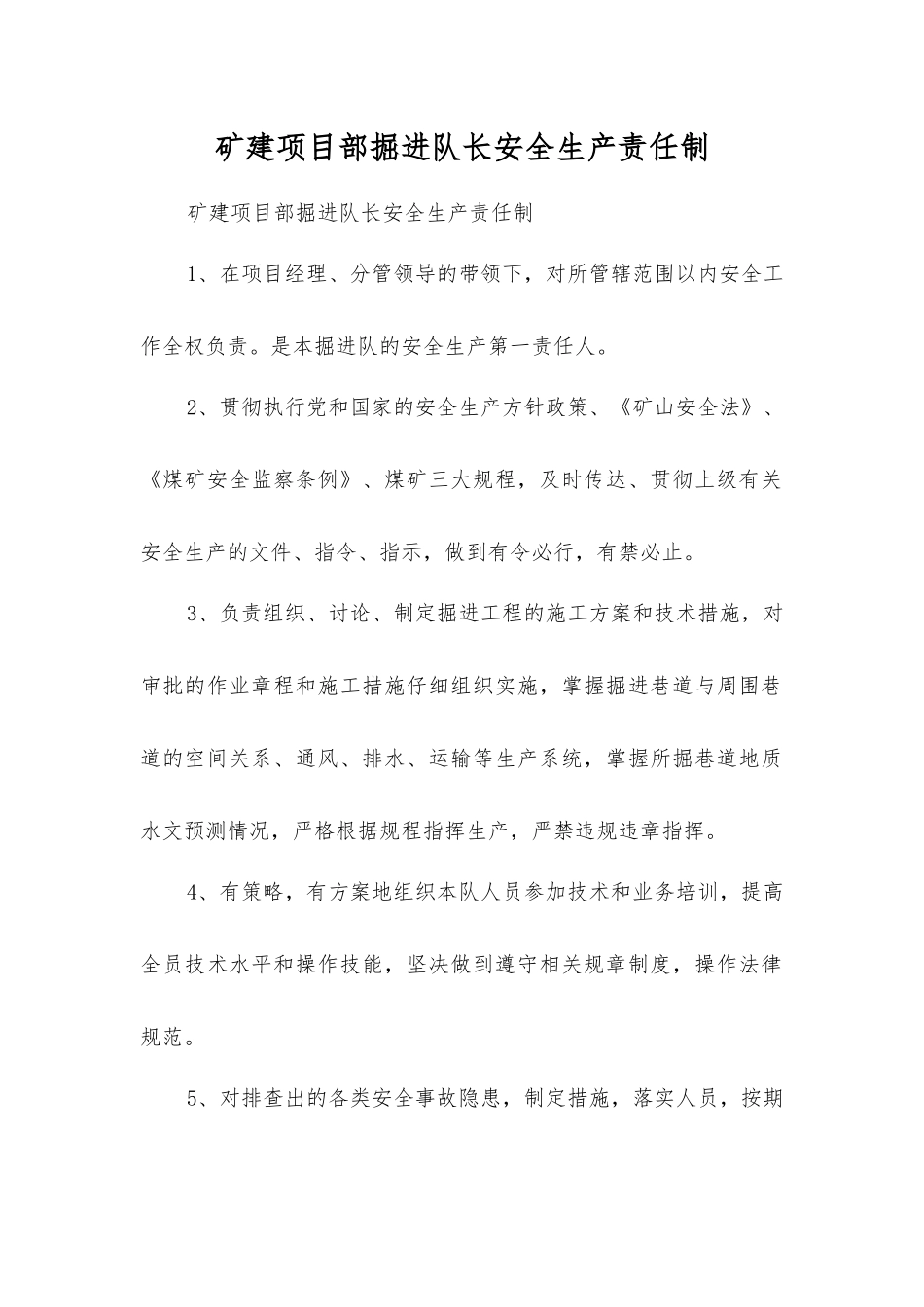 矿建项目部掘进队长安全生产责任制_第1页