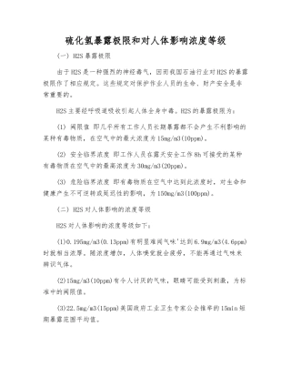 硫化氢暴露极限和对人体影响浓度等级