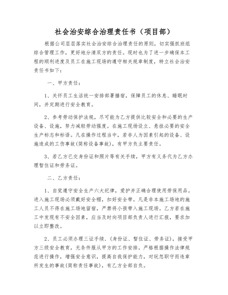 社会治安综合治理责任书(项目部)_第1页