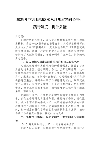 2025年学习贯彻落实八项规定精神心得：践行制度，提升效能