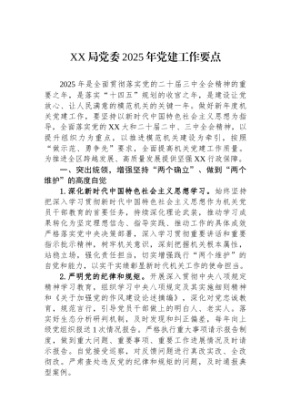 XX局党委2025年党建工作要点