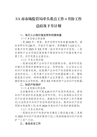 XX市市场监管局牵头重点工作4月份工作总结及下月计划