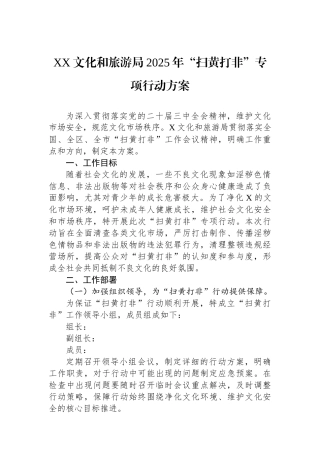 XX文化和旅游局2025年扫黄打非专项行动方案
