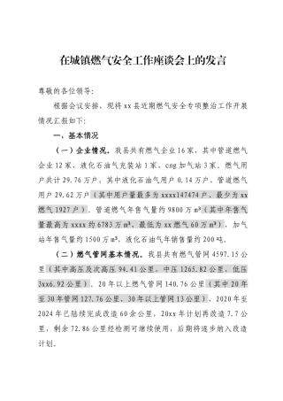 城镇燃气安全工作座谈会上的发言