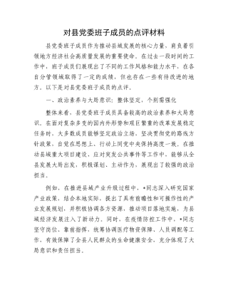 对县党委班子成员的点评材料