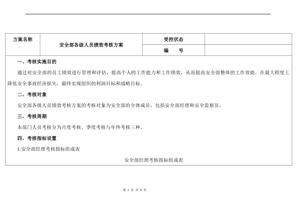 安全部各级人员绩效考核方案_第1页