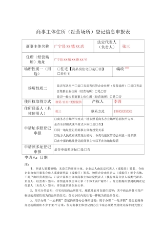 商事主体住所(经营场所)登记信息申报表