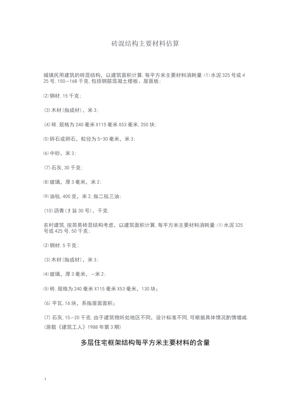 工程量指标大全(各种主材单方含量)_第1页