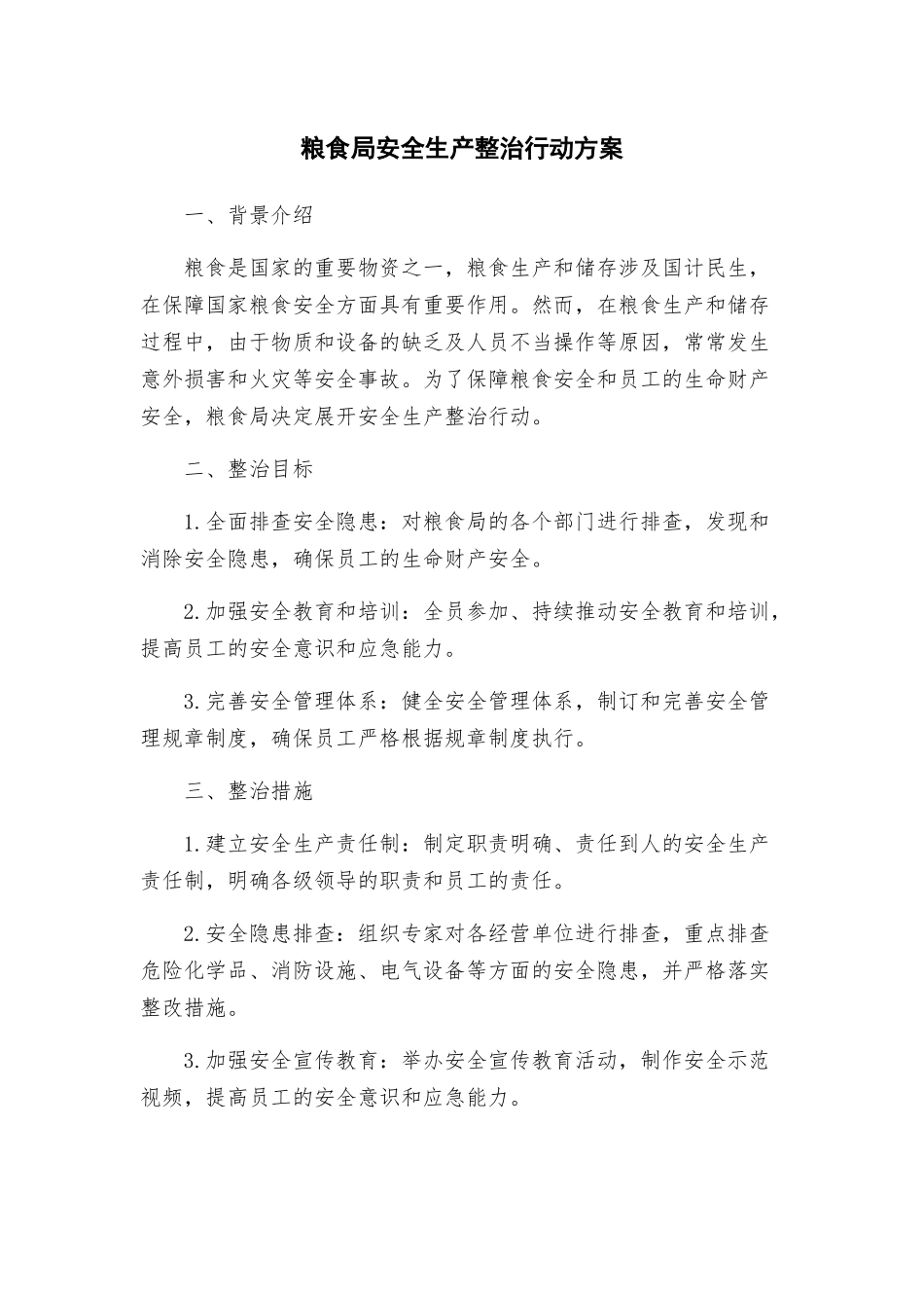 粮食局安全生产整治行动方案_第1页