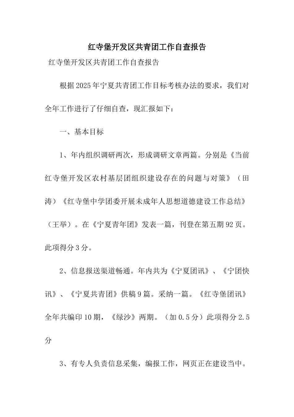 红寺堡开发区共青团工作自查报告_第1页