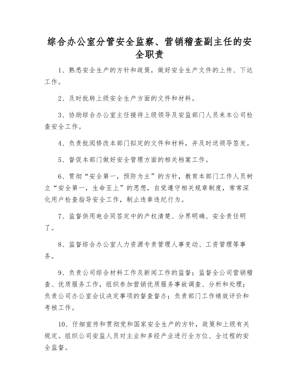 综合办公室分管安全监察、营销稽查副主任的安全职责_第1页