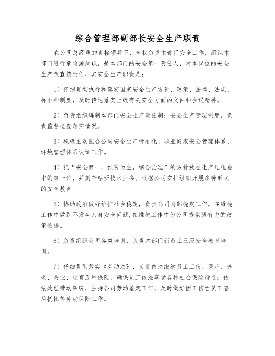 综合管理部副部长安全生产职责_第1页