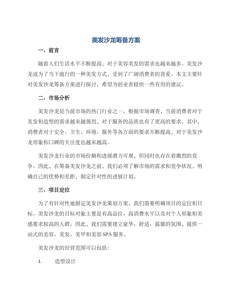 美发沙龙筹备方案_第1页