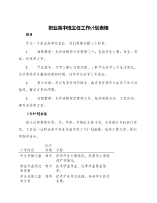 职业高中班主任工作计划表格