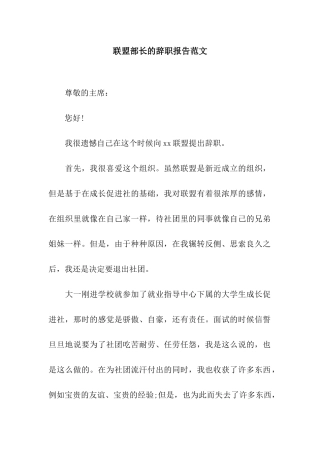 联盟部长的辞职报告范文