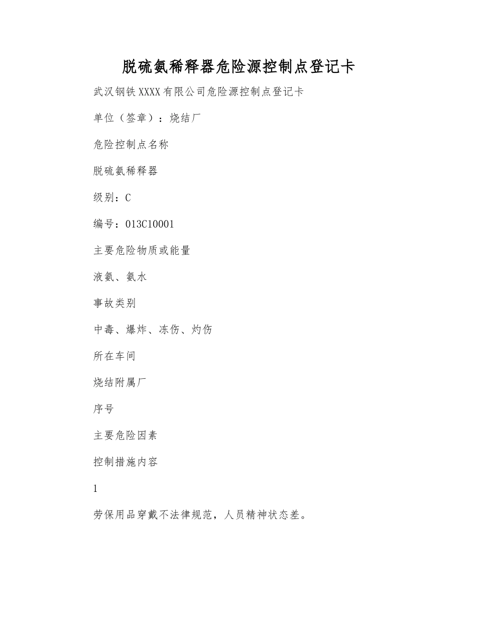 脱硫氨稀释器危险源控制点登记卡_第1页