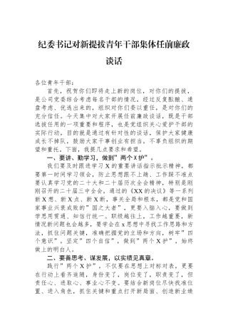 纪委书记对新提拔青年干部集体任前廉政谈话