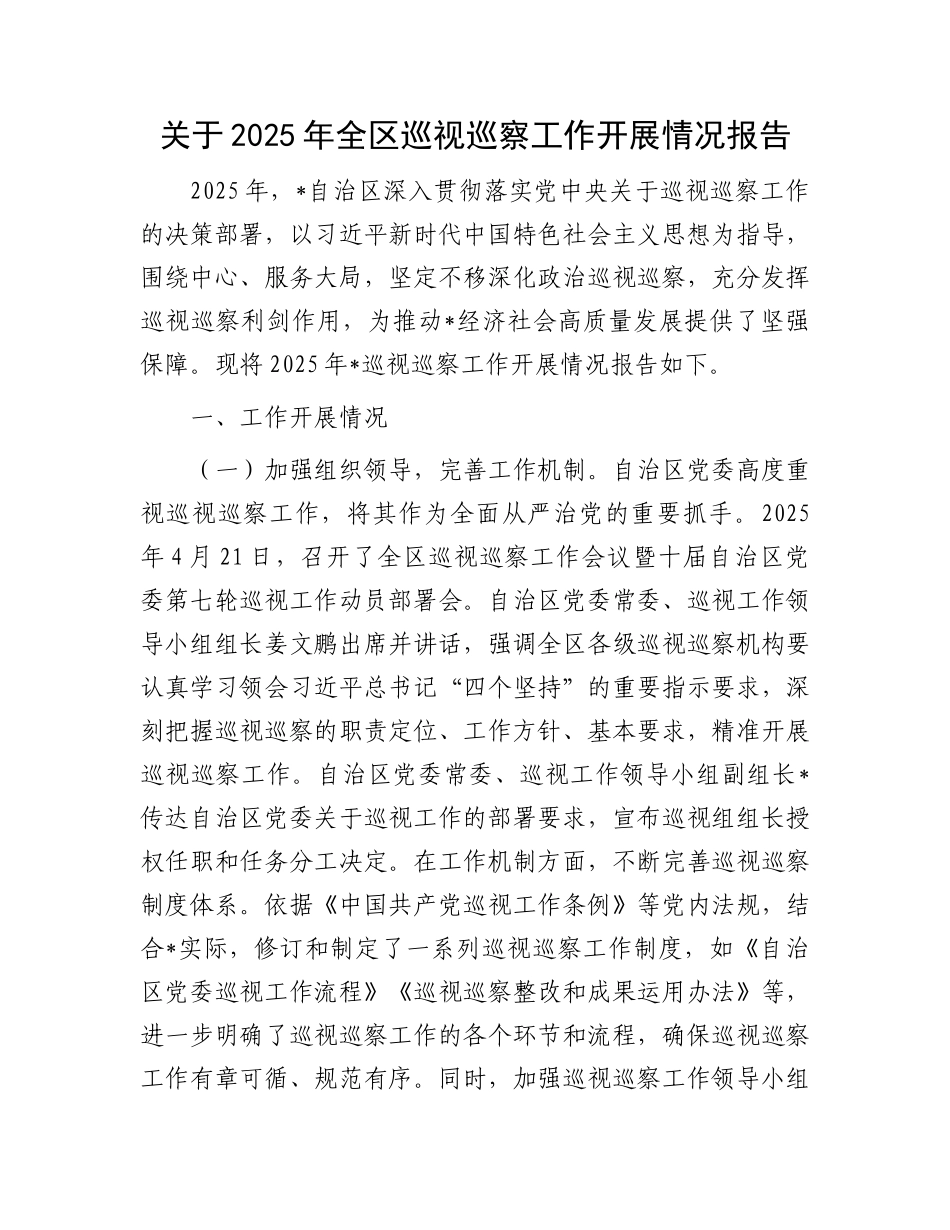关于2025年全区巡视巡察工作开展情况报告_第1页