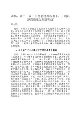 讲稿：在二十届三中全会精神指引下，开创经济高质量发展新局面