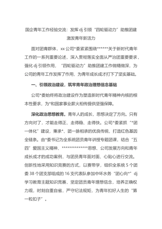 国企青年工作经验交流：发挥党建引领“四轮驱动力”助推团建激发青年新活力