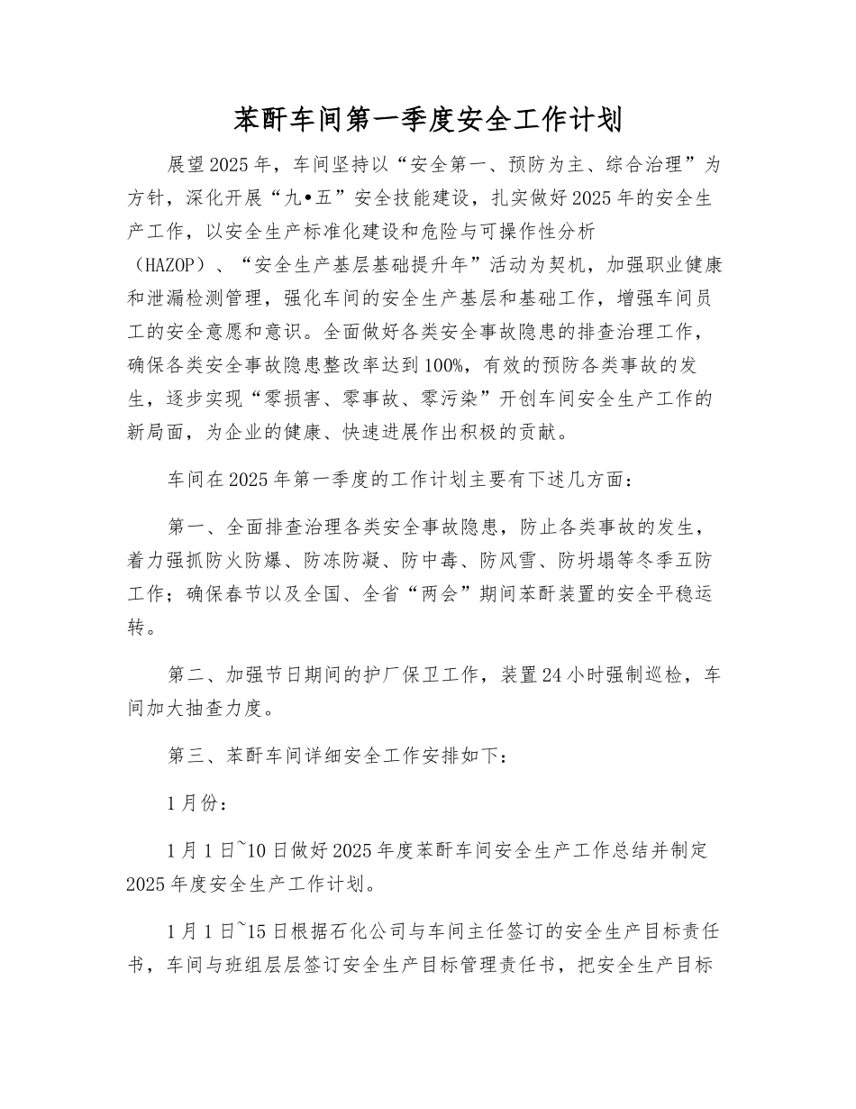 苯酐车间第一季度安全工作计划_第1页