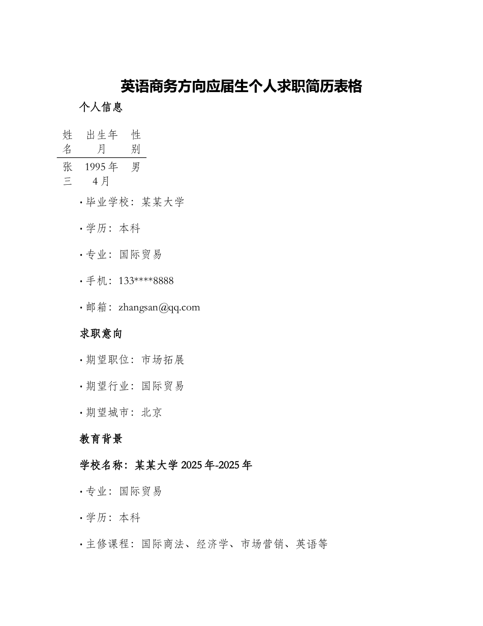 英语商务方向应届生个人求职简历表格_第1页