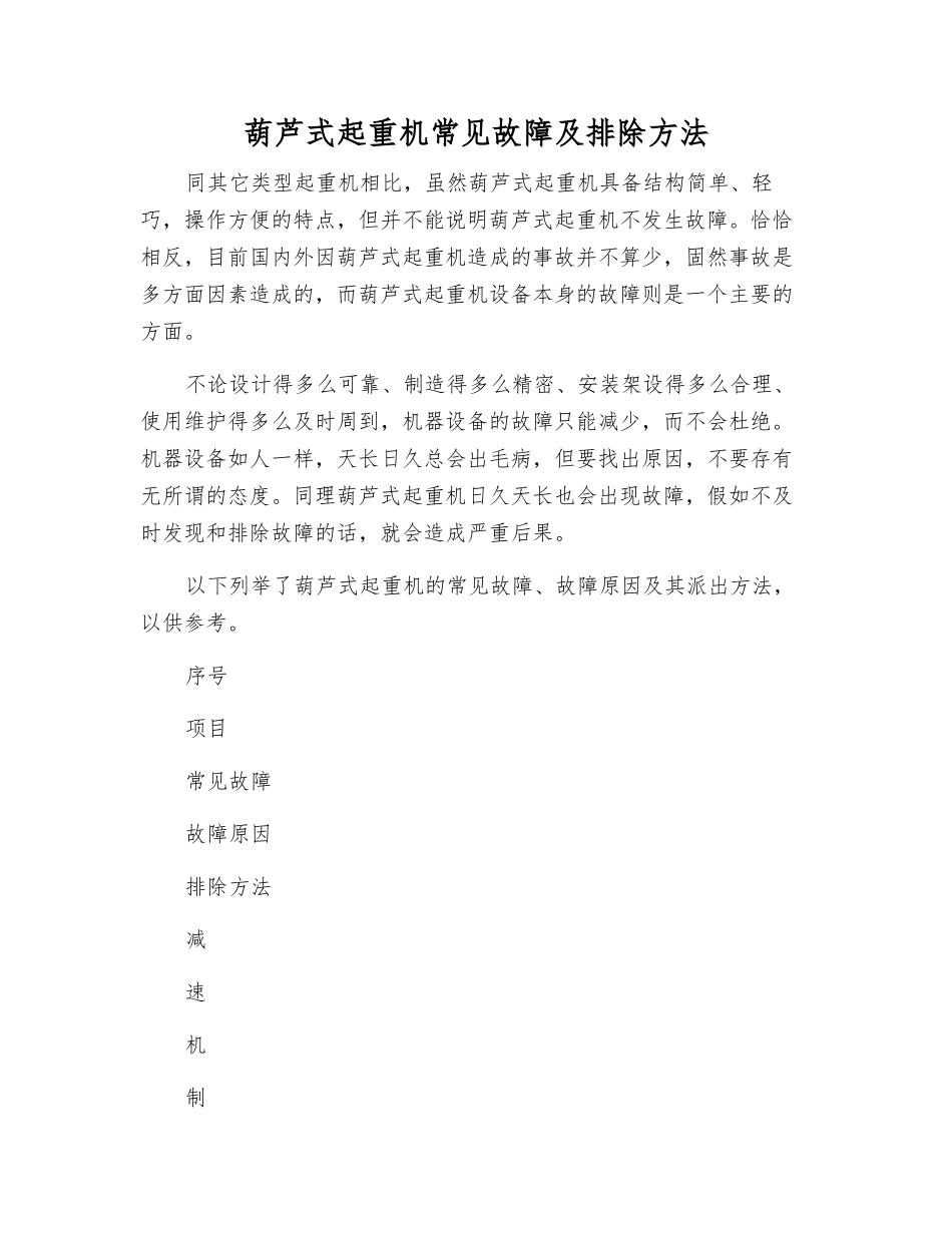 葫芦式起重机常见故障及排除方法_第1页